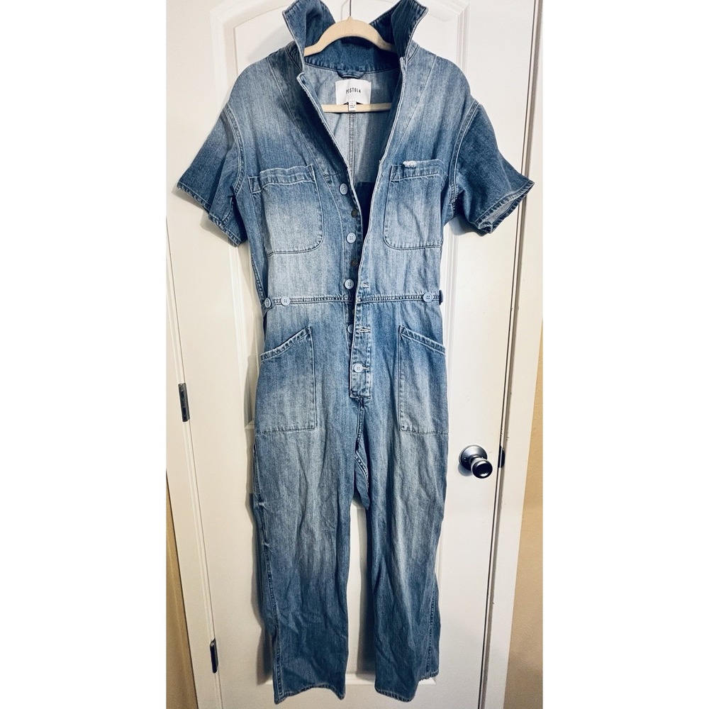 Pistola Womens Large Blue Denim Utility Jumpsuit Short Sleeve Button Front